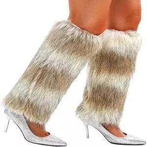 델라오돌라 인조 모피 다리 워머 따뜻한 겨울용 퍼리 롱 부츠 커버 여성용 파티 의상