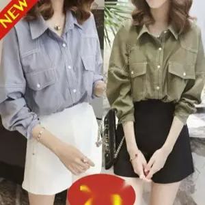 (완전 편한) 1+1 여성 사계절 카라 포인트 긴팔 남방 블라우스 빅사이즈 포켓 캐주얼 학생 카고 자켓 간절