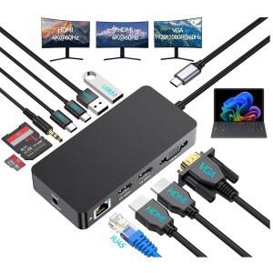 서피스 썬더볼트 4 도킹 스테이션 12-IN-1 서피스 프로 도크 듀얼 4K@60HZ HDMI VGA 트리플 모니터 어댑터 MICROSOFT SURFACE PRO 13 12 11 10 9 8 7 X 및 SURFACE LAPTOP 7 6 5 GO BOOK과 호환됩니다