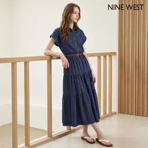 [NINE WEST]데님 벨티드 카라 반팔 롱 원피스 (NIDBOP054)