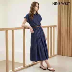 데님 벨티드 카라 반팔 롱 원피스 (NIDBOP054)