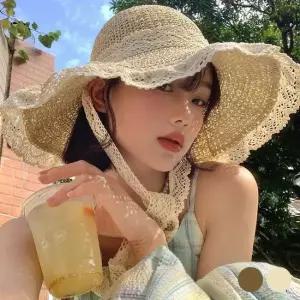 레이스 끈 리본묶음 왕골 모자