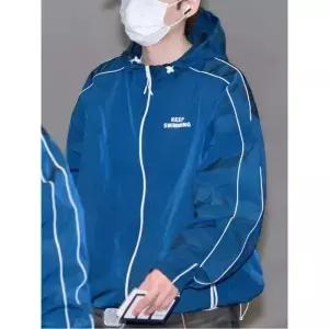 Kpop Keep Swimming 프린트 지퍼 블루 후드 윈드 브레이커 자켓 남성 여성 야외 캐주얼 Coat