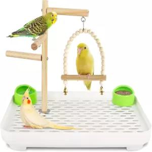 Dmnnlp 4대 1 새 놀이터 대형 쟁반 먹이 그릇 나무 놀이대와 그네 기구 및 앵무새 코카티엘 코쿠어 파라킷