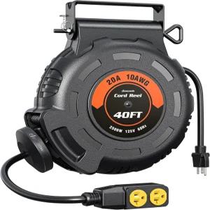 DEWENWILS 10 게이지 리트랙터블 연장 코드 릴 40피트 ETL 인증 10AWG/3C SJTW 중장비용 전원 4개 접지