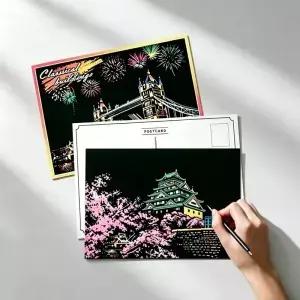 8장 스크래치 아트 엽서 세트 스타일러스 포함 세계 명소 도시 스트레스 해소 DIY 페인팅 카드 그림 그리기