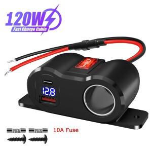 36W PD3.0+18W QC3.0 차량용 충전기 전원 스위치 포함 12V USB 아울렛 시가 라이터 소켓 RV 해양 오토바이