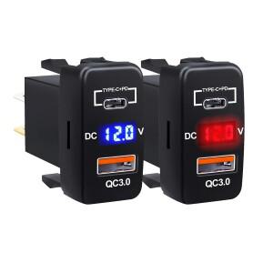 12V 듀얼 USB 차량용 충전기 소켓 어댑터 유형 C-PD QC3.0 Toyota 빈 푸시 스위치 고속 파란색 빨간색 전압