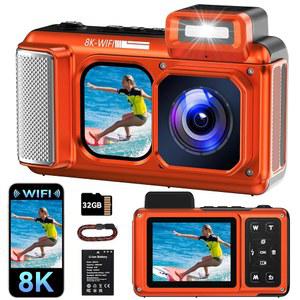 맥스망고 V08 Pro 49FT 수중 카메라, 8K 90MP WiFi 방수 디지털 카메라, 2.88인치 터치스크린, 듀얼 스크린, 방진 방진 충격 방지, 스노클링 다이빙 여행용, 32GB 카드, 오렌지 색상
