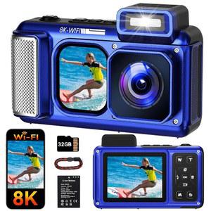 맥스망고 V08 Pro 49FT 수중 카메라, 8K 90MP WiFi 방수 디지털 카메라, 2.88인치 터치스크린, 듀얼 스크린, 방진 방진 충격 방지, 스노클링 다이빙 여행용, 32GB 카드, 블루
