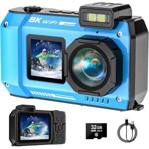 8K 수중 카메라, 70MP 33FT WiFi 방수 디지털 카메라, 32GB | 듀얼 스크린 셀피, 수상 부양, 오토포커스, 필 라이트, 2500mAh 배터리, 18배 디지털