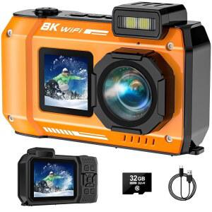 8K 수중 카메라, 70MP 33FT WiFi 방수 디지털 카메라, 32GB 탑재 | 듀얼 스크린 셀피, 수상 부양, 오토포커스, 필 라이트