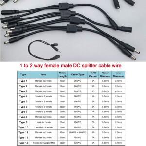 13종 12V DC 남성여성 전원 공급 분배기 어댑터 2웨이 듀얼 케이블 플러그 5.52.1mm 2.5mm 22awg 18awg 와