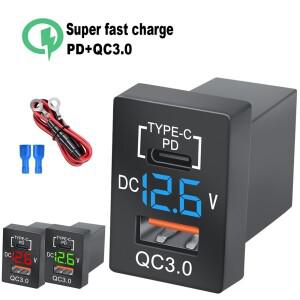 Pd 유형 C/qc 3.0 USB 차량용 충전기 12-24V 전압계 Led 고속 자동차 어댑터(도요타 휴대폰