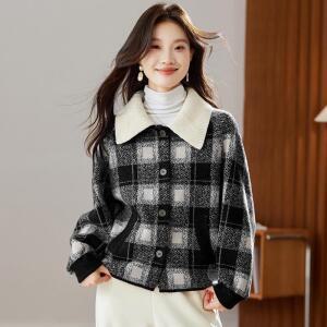 호빵걸 여성 봄가을 칼라 체크 니트 카디건 진주 모직 쇼트 코트