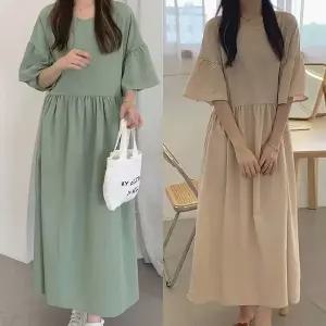 린넨 원피스 라운드넥 프릴 와이드소매 플레어 스커트