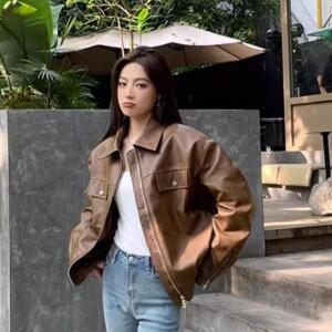 여성 빈티지 브라운 가죽 코트 가을 PU가죽 라이더 자켓