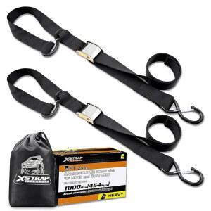 XSTRAP STANDARD 2개입 오토바이 스트랩 캄버클 타이 다운 1.5인치 X 8피트 블랙 | 3000파운드 파단 강도의 중장비용 핸들바 스트랩 더트 바이크 ATV 보트 및 카약용 안전 S-훅 소프트 루프 포함