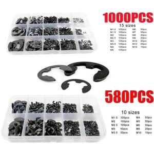 5801000pcs 검정색 탄소강 구색 키트 세트 박스 M1.2 ~ M15 외부 고정 링 E 클립 스냅 서 와셔 샤프트 용