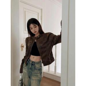 슬램덩크 여성 빈티지 커피색 쇼트 점퍼 코트 봄 차이나 가죽