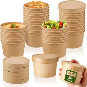 뚜껑이 있는 8온스 종이 수프 용기 50팩 일회용 크래프트 푸드볼 전자레인지 사용 가능 식품 보관용 스크림