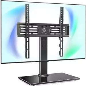 FITUEYES 유니버설 TV 마운트 스탠드 테이블 탑 27-55인치 높이 조절 가능 유리 베이스 블랙