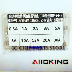 6x30mm 250V 유리관 퓨즈 혼합 세트 50 개, 0.5A 1A 2A 3A 5A 8A 30A10x5 피스 분류 포장