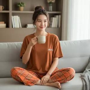 여성 여자 포인트 레터링 체크 패턴 반팔 티셔츠 긴바지 파자마 잠옷 홈웨어 세트