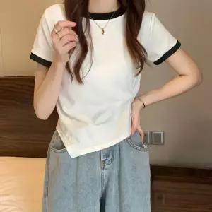 레이스티셔츠 레이스반팔 포인트 티셔츠 옆꾜임 반팔 라인 여성 배색 허리 티