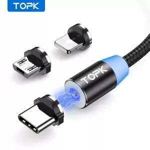 마그네틱 충전 케이블 나일론 편조 마그네틱 마이크로 USB C 케이블 TOPK 360 도 회전 3 in 1