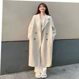 스타일 롱코트 심플 단추 데일리 투웨이 여자 모직