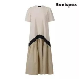 라운드넥 셔링 배색 포켓 반팔 롱 원피스 XO2OW049L0