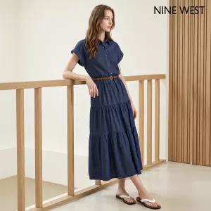 데님 벨티드 카라 반팔 롱 원피스 NIDBOP054