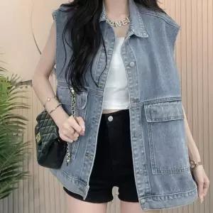 오버빗 날씬 워싱 청 조끼 데일리 카라 베스트 데님 [BOE16545]