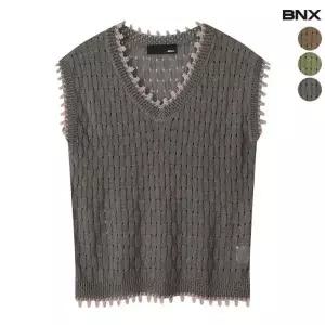 BNX 브이넥 배색 스카시 슬리브리스 니트