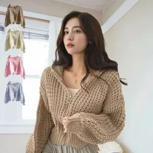 봄 그물 크롭 후드 니트 벌룬 가디건 [BGA25337]