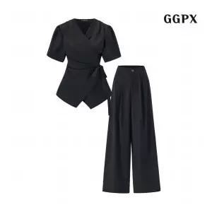GGPX [~66까지] 159000원ㅣ랩스타일 V넥 블라우스 롱 팬츠 셋업 (GQBOW003D)