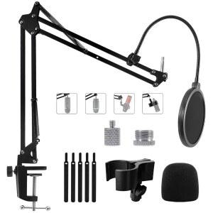 BLUE YETI NANO SM7B HYPERX QUADCAST 및 FIFINE K688용 붐 암 마이크 스탠드 | 팝 필터가 장착된 조절식 서스펜션 가위형 마이크 암 5/8