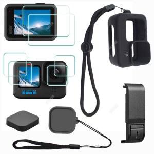 ULBTER 액세서리 GOPRO HERO 12 11 10 9 고무 케이스+배터리 도어+랜야드 | HERO12 HERO11 HERO10 블랙 슬리브+ 6PCS 스크린 프로텍터 +2 렌즈 캡 커버 +배터리 도어 + 랜야드 + 키퍼