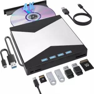 WBACON 4K 외장 블루레이 드라이브 USB 3.0 및 4개의 포트 3D 2개의 SD/TF 갖춘 8-in-1 CD/DVD 기록/지우기