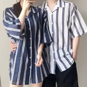 오너클랜 TBZ KING 커플 스트라이프 린넨 오픈카라 반팔셔츠 반팔셔츠 남성셔츠 반팔남방 남성남방
