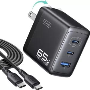 INIU 65W USB C 충전기 3포트 GaN 고속 충전 블록 5피트 100W 케이블 포함 고급 보호 기능 접이식 여행용