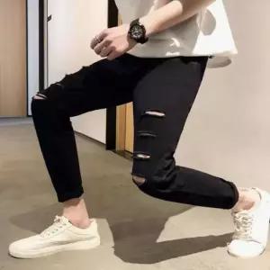 [라일리의류] Rly 남성 슬림핏 블랙진 찢청 크롭 스키니 데님 청바