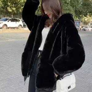 자켓 재킷 여성 여자 겨울 인조 토끼털 플러시 코트 두꺼운 루즈핏 지퍼 후드 파카 오버코트