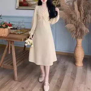 스터닝팩토리 하객롱라인 휴양지 바캉스 모던 꼬임 세미플레어 긴소매 롱드레스 롱원피스 여름원피스