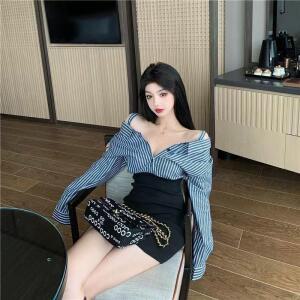 여성 봄 힙업 일자 스트라이프 셔츠 원피스