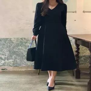 여자 롱 브이넥 스커트 가을 셔링 긴팔 원피스 치마_X