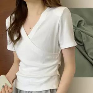 기본 면 모달 티셔츠 여성 브이넥 데일리 셔링 슬림핏 반팔티 3컬러 3사이즈