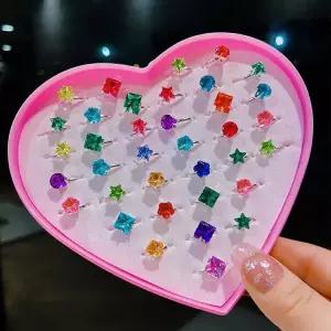 심플한 보석 반지 36개 세트 공주 여자 어린이 치과 병원 선물 세트 하트 케이스 보석 36개 실버