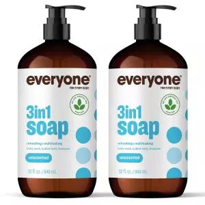 Everyone 3-in-1 비누, 바디 워시, 버블 배스, 샴푸, 947ml(32온스) (2팩), 무향, 유기농 식물 추출물과 순